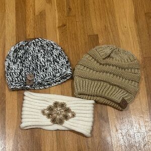*last chance* C.C | Tan Knit Beanie with Metallic Accents + 2 winter hats